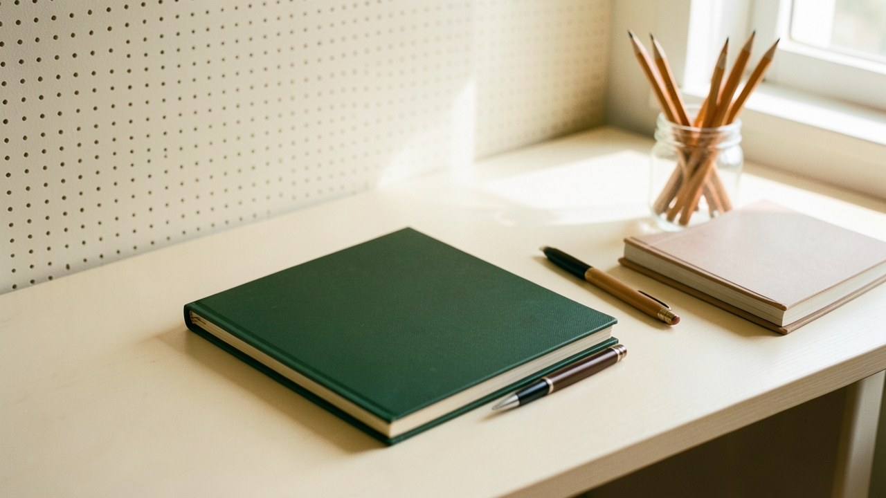 A clean, well-lit study desk with a notebook, pen, and a small stack of books, with a glass jar of pencils and a soft window light in the background, conveying a scholarly and