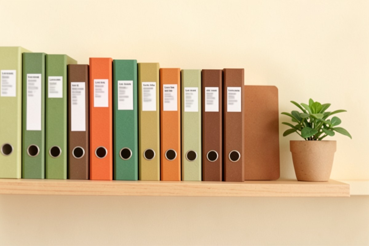 A shelf with neatly labeled binders and folders in different colors, each representing a different type of loan, with a small green plant on the side.