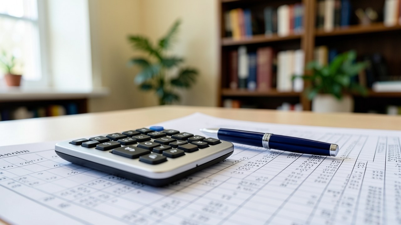 A close-up of a calculator and a pen on a spreadsheet with a blurred background of a library, illustrating the calculation of interest accrual.