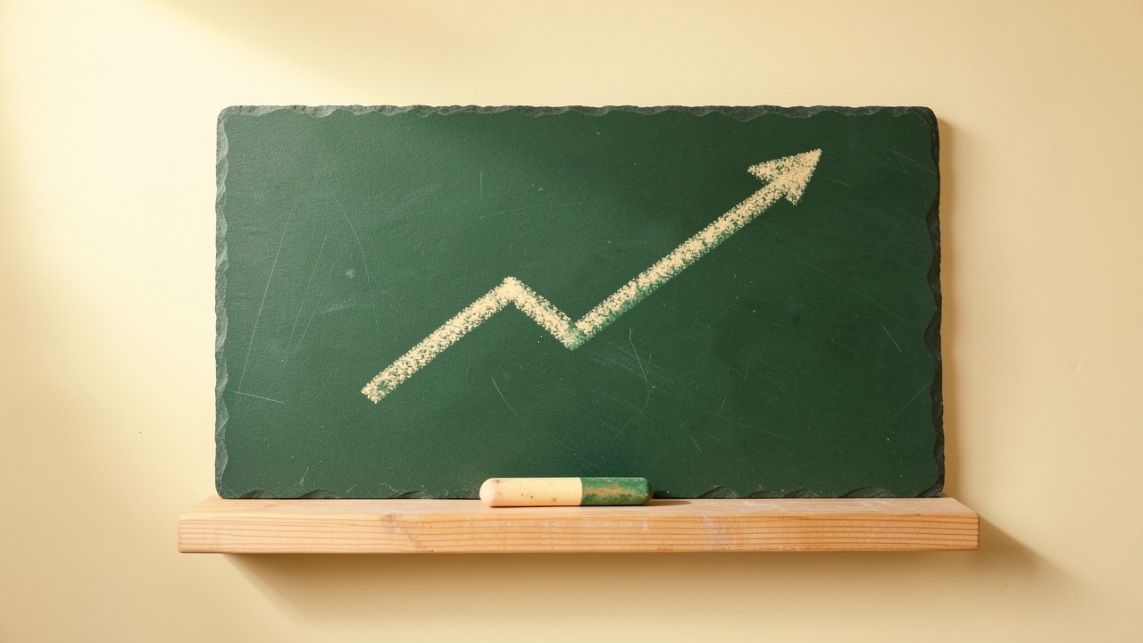 A chalkboard with a graph showing an upward trend and a piece of chalk on the tray, symbolizing market interest rates and financial analysis.