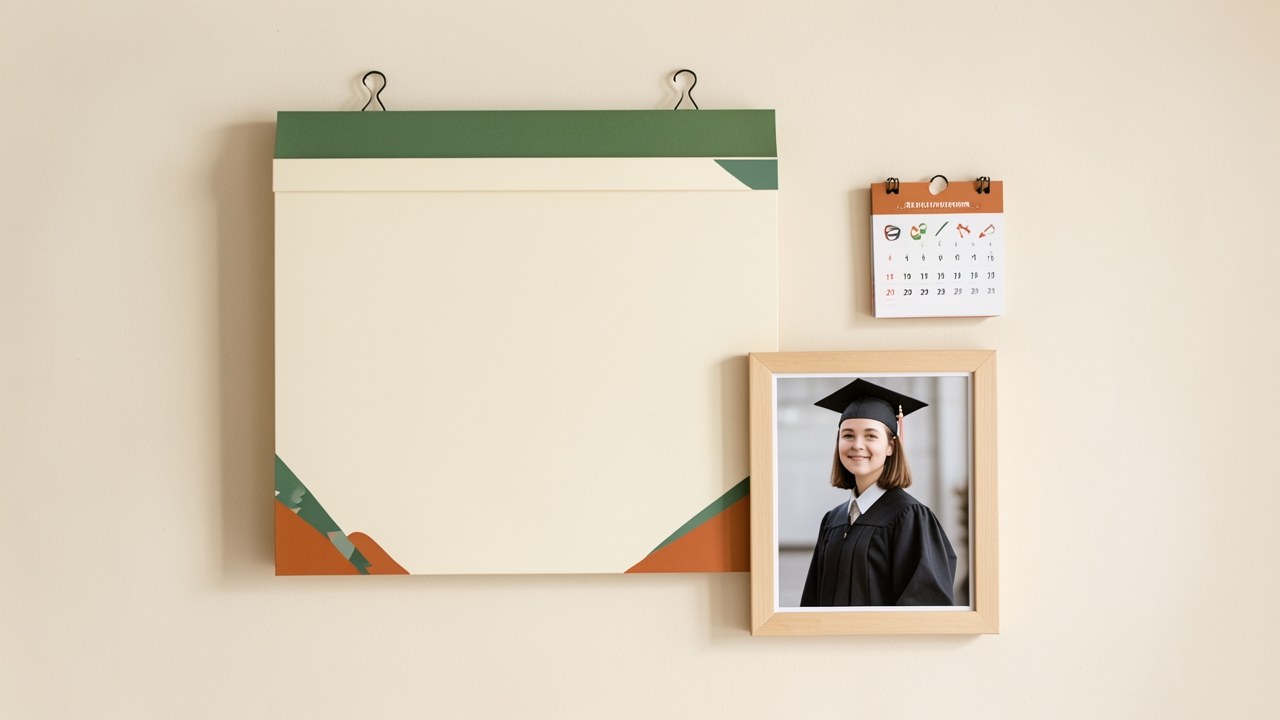 A monthly calendar on a wall with a photo of a young graduate in a cap and gown, and a small calendar marked with dates to symbolize planning repayments.