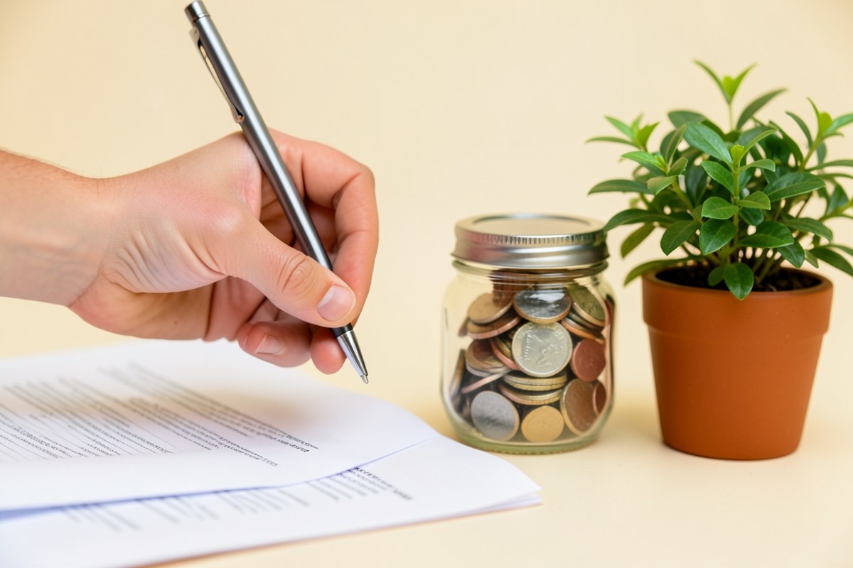 A hand holding a pen over a document with a small change jar and a plant, symbolizing financial decisions and refinancing options.