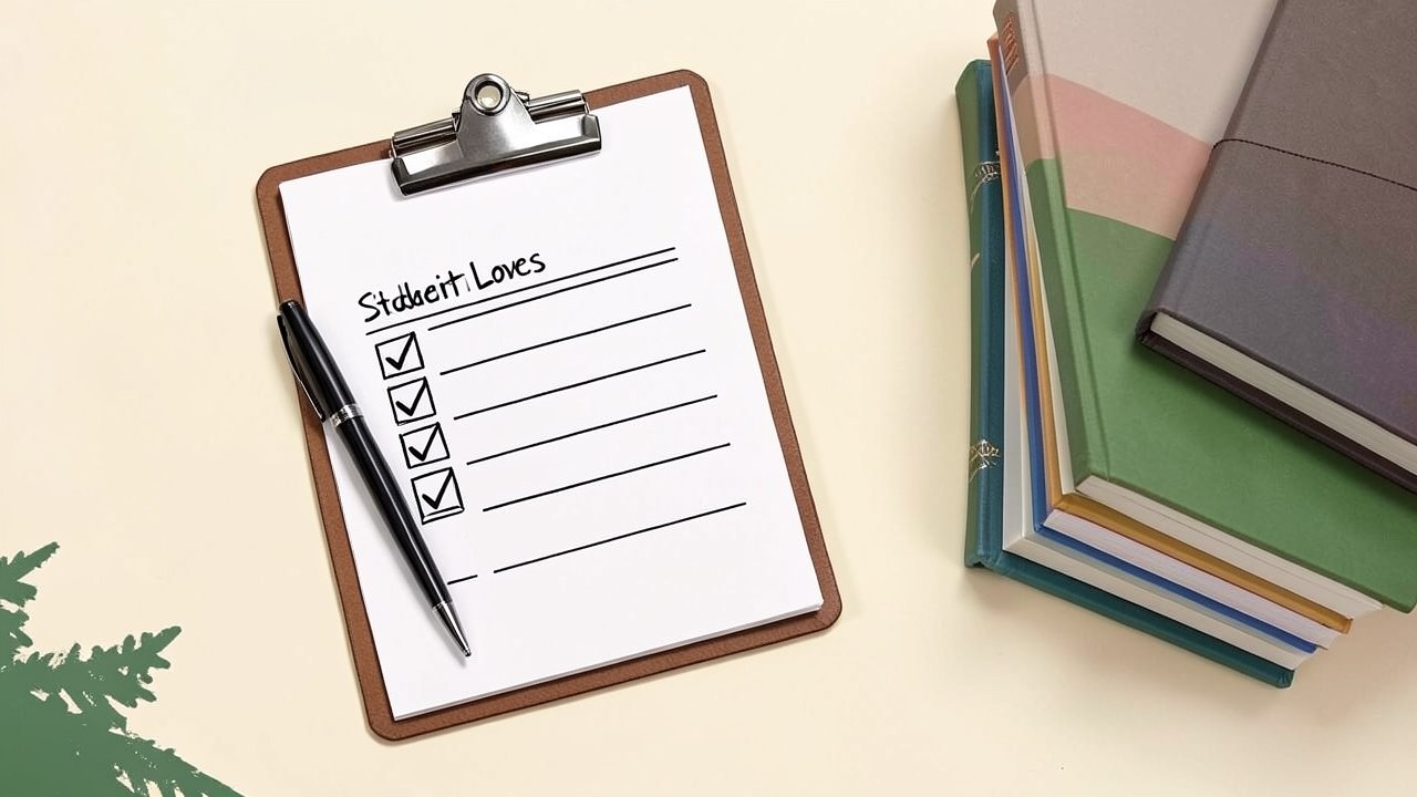 A checklist on a clipboard with a pen and a stack of books, representing the eligibility requirements for student loans.