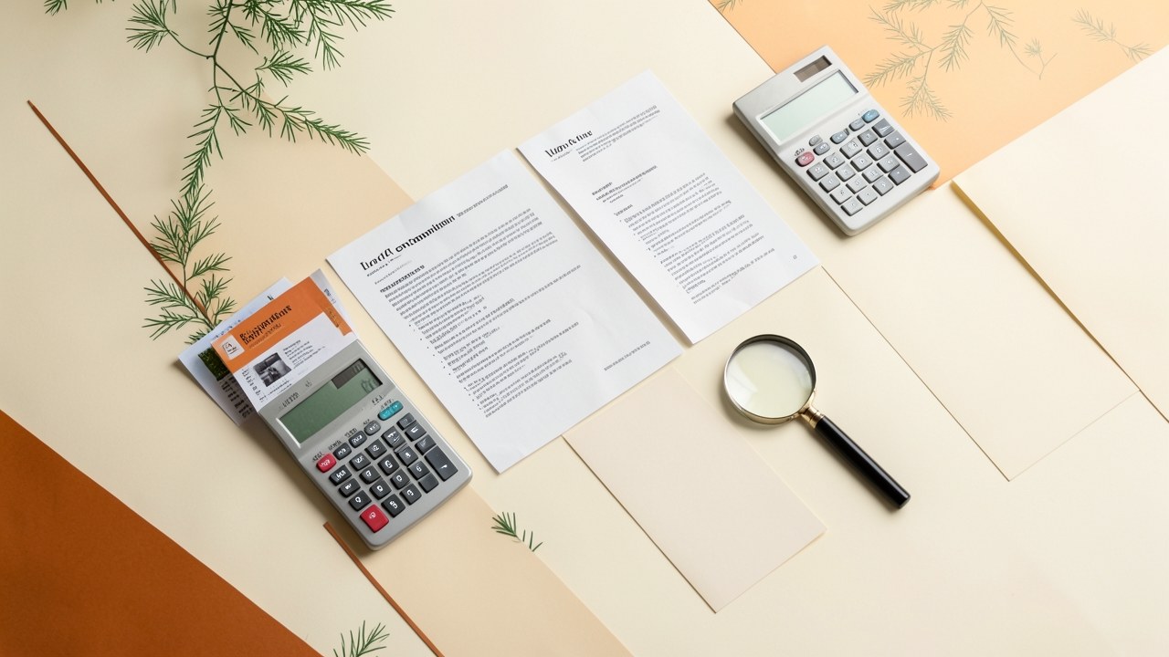 A table with several loan offer documents, each with a small calculator and a magnifying glass, symbolizing lender comparison.