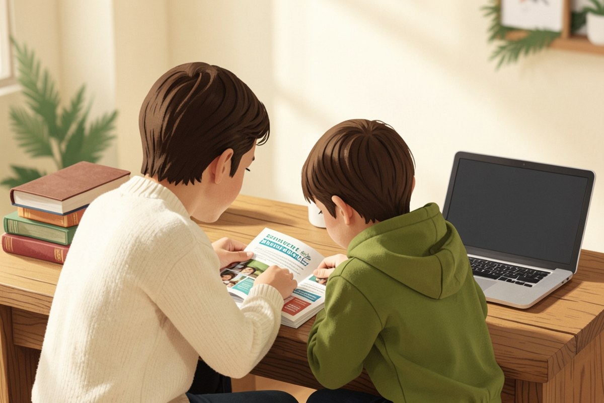 A parent and a child sitting at a desk looking at college brochures, but their faces are not visible, with books and a laptop on the table.