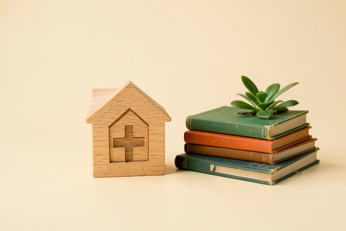 A wooden block with a small house and a plus sign, next to a stack of books and a small plant, symbolizing education and additional funding.